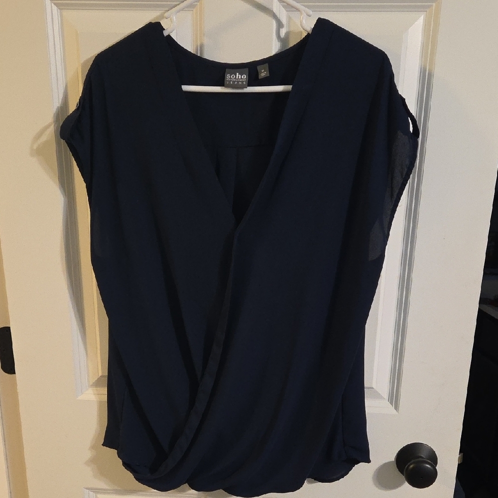New York & Company Blue Cap Sleeve Wrap Blouse